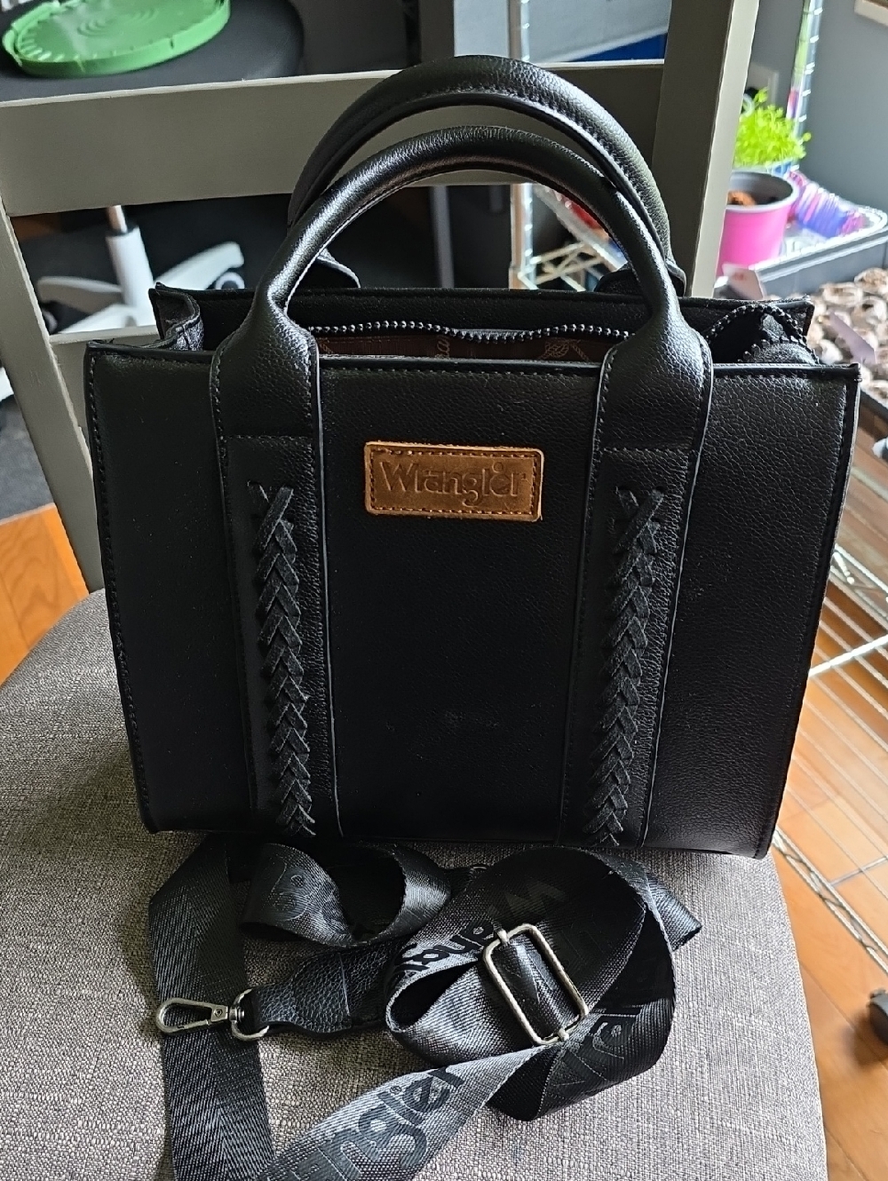 54 - Wrangler Black Faux Leather Top-Handle Tote with Braided Accents